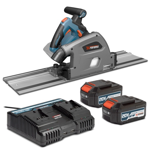 Scie circulaire plongeante sans fil 40V (2x20V) - 125mm avec 2 rails de 70cm - livrée avec 2 batteries 4Ah et un chargeur double rapide.