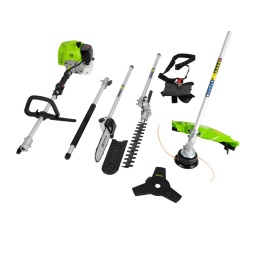 
pour l´entretien de vos jardins, haies, parterres et arbres.
Inclus: débrousailleuse, taille-haies, elageuse.
Poignée réglable individuellement et harnais ajustable.
Interrupteur démarrage/arrêt et contrôle de vitesse sur la poignée.
Garantie 2ans




Données sur les moteurs

moteur 2 temps





Puissance moteur S1 W


1450







Type de moteur


2-Takt-Motor / 2-stroke engine







Cylindrée cc


51,7







Démarreur


easy Starter Seilzug / easy Starter recoil







Type de carburant


40:1







Capacité du réservoir L


0,92







Machines pour le jardín







Diámetre tige mm


26







Plage de coupe avec nylon mm


225







Epaisseur du fiel mm


Ø 2,4







Dimensions lame mm


Ø 255 x 1,4







Elageuse longueur mm


254







Longueur de coupe mm


400










24 mm







Poids







Poids brut kg


14.90







Poids net kg


7.40







emballage







Largeur emballage mm


285







Longueur emballage mm


1.130







Hauteur emballage mm


295







Information générale







Code EAN


9120039234847





