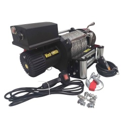 Treuil électrique HAUTE CHARGE 12V pour tirer une charge en ligne de maximum 7620KG (16800 livres). Grâce à ce treuil vous pourrez tirer des charges allant jusqu'à 7620Kg, que ce soit un autre véhicule ou pour vous-même si vous êtes dans une situation difficile, il vous rendra de nombreux services.
Ce treuil convient parfaitement au montage sur camionnettes de dépannage, véhicules tout terrain, jeep, 4x4 et +. Rien ne résistera à cette machine!
Notre produit pourra être piloté via sa télécommande filaire, ainsi que par sa télécommande à distance.
Le câble est très long, soit 26 mètres et ultra-résistant. Son diamètre est de 11mm.
Garantie 2ans

Traction en ligne max: 7620Kg (ligne simple)
Transmission: 364:1
Moteur: Aimant permanent, 4.5KW / 6PS (12v)
Embrayage à bagues coulissantes (sliding ring gear clutch)
Diamètre et longueur du cable: 11.5mm x 28m
Taille du tambour: 88.9mm (diamètre) x 224mm (Longueur)
Dimensions: 590 x 200 x 280mm
Batterie recommandée: 650CCA minimum
Câbles de batterie: 1.83m
Boulon de fixation: 254mmx114.3mm
Dimensions du carton: 665 x 275 x 410mm
Poids net: 51Kg
Télécommande filaire, longueur de 3.7m
Engrenage 3 étapes (3 stage planetary)
galet de guidage 4 directions

