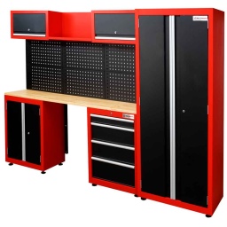 Le système d'armoires d'atelier WESS 13 de HOLZMANN, avec 13 pièces assure l'ordre et l'espace de travail dans votre atelier, garage, cave ou salle de loisirs. Très utile et polyvalent grâce aux composants modulaires et au grand espace de rangement et au plan de travail intégré. L'armoire haute est équipée de trois étagères, également positionnables en hauteur. Les armoires murales sont équipées de ressorts à gaz pour faciliter l'ouverture et la fermeture. Portes et tiroirs verrouillables, réglage de la hauteur pour niveler le produit et paroi perforée complètent ce produit de haute qualité. L'ensemble est livré en un seul colis démonté à l'exception des armoires individuelles supérieures déjà montées, ce qui facilite le transport et le montage.
Garantie 2ans

Ensemble armoire et établi 13 pièces comprenant

1 armoire de 762x458x1830 mm avec 3 étagères
2 armoires hautes 610x280x338 mm avec ressort à gaz
1 étagère de rangement 610x280x338 mm
1 meuble bas à 4 tiroirs 610x406x758 mm
1 meuble bas à 2 portes 610x406x758 mm
6 modules muraux perforés, chacun 610 x324x24 mm
1 plateau en bois d'hévéa 1830x406x25 mm


Tiroirs et portes verrouillables
Les pieds de nivellement de hauteur intégrés permettent des ajustements individuels jusqu'à 50 mm
Composition flexible (avec ou sans meuble / meuble bas avec tiroirs à droite ou à gauche)
Assemblage facile, instructions claires et simples étape par étape.
Livré dans un emballage compact




dimensions







Hauteur table mm


843







Dimensions machine mm


2592 x 458 x 1830







Poids







Poids brut kg


170







Poids net kg


154







emballage







Largeur emballage mm


505







Longueur emballage mm


840







Hauteur emballage mm


1.970







Information générale







Code EAN


9120058379253




