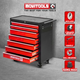 Marque:MOVITOOLSGarantie:3 ansDescription:Mettez de l'ordre dans votre atelier et retrouvez facilement vos outils grâce à cette servante 7 tiroirs ! De la marque Movitools, cette servante peut supporter une charge maximum allant jusqu'à 150 kg et dispose de 7 tiroirs à roulement à billes avec mousse anti dérapante.La servante RC7T-S dispose de 2 roues fixes et de 2 roues mobiles avec frein pour éviter que le chariot se déplace accidentellement lors de vos travaux.Pour faciliter vos déplacements, elle est équipée d'une poignée.
Caractéristiques :- Dimensions: 685 x 330 x 750 mm- 7 tiroirs avec roulement à billes- Dimensions des tiroirs :- 2 tiroirs de 50x27x4cm- 5 tiroirs de 50X27x7cm- Anti dérapant dans les tiroirs- Anti dérapant sur la partie supérieure- Équipé d'une poignée pour faciliter le déplacement- Équipé de 2 roues fixes et 2 mobiles avec frein- Charge max: 150kg- Acier renforcé- Couleur époxy, antirouille- Garantie : 3 ansCode EAN/GLN:5411074214821Poids:24.50 kg
