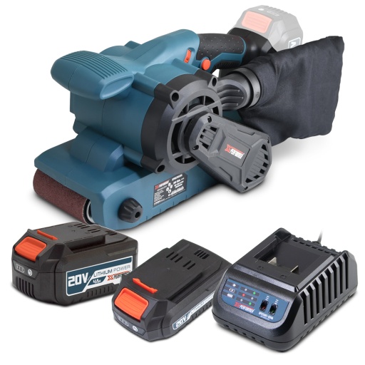 Ponceuse à bande sans fil 20V avec moteur brushless livrée avec 1 batterie 2Ah. 1 batterie 4Ah et un chargeur rapide.