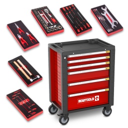 Marque:MOVITOOLSGarantie:3 ansDescription:Mettez de l'ordre dans votre atelier et retrouvez facilement vos outils grâce à cette servante 6 tiroirs et ses accessoires ! De la marque Movitools, cette servante peut supporter une charge maximum allant jusqu'à 240 kg et dispose de 6 tiroirs à roulement à billes avec une capacité d'ouverture de 100%, les tiroirs s'ouvrent par pression sur un loquet se trouvant sur la droite du tiroir donc les tiroirs se bloquent individuellement.Ce chariot à outils en acier renforcé est équipé de panneaux latéraux perforés afin que vous puissiez l'accessoiriser facilement.
La servante RC6T-54 dispose de 2 roues fixes et de 2 roues mobiles avec frein pour éviter que le chariot se déplace accidentellement lors de vos travaux.Pour faciliter vos déplacements, elle est équipée d'une poignée.Equipée, elle est livrée avec 54 accessoires : 4 tournevis plats Chrome vanadium (SL6x38mm – SL3x75mm – SL5x100mm – SL6x150mm), 4 tournevis en croix Chrome vanadium (PH2x38mm – PH0x75mm – PH1x100mm – PH2x150mm), 10 clés plates (6-7, 8-9, 10-11, 12-13, 14-15, 16-17, 18-19, 20-22, 24-27, 30-32), 1 clé à cliquet 1/2''x 125mm, 1 allonge ½''x125mm, 1 allonge 1/2'' x 250mm, 1 barre en T coulissante 1/2'', 1 raccord universel 1/2'', 20 douilles Chrome vanadium 8 à 32mm, 1 marteau 500gr, 1 maillet anti rebond avec tête en nylon 40mm, 1 pince universelle 8'', 1 pince coupante 7.5'', 1 pince long bec 8'', 6 clés allen 6 pans (H2x75mm, H3x100mm, H4x100mm, H5x150mm, H6x150mm, H8x200mm)Caractéristiques :- Dimensions: 710(avec la poignée) x 465 x 930 mm- 6 tiroirs avec roulement à billes (3 de 400 x 530 x 55mm, 2 de 400 x 530 x 130mm et 1 de 400 x 530 x 190mm)- Équipé d'une poignée pour faciliter le déplacement- Équipé de 2 roues fixes et 2 mobiles avec frein- Charge max: 240kg (25kg pour le 3 petits tiroirs, 35kg pour les moyens et le grand tiroir, 50 kg pour le dessus de la servante et 10kg pour pour les panneaux latéraux perforés)- Acier renforcé- Fermeture à clé (3 clés fournies)- Panneaux latéraux perforés pour accessoiriser- Couleur époxy, antirouille- Livrée avec 54 accessoires- Poids net : 55 kgCode EAN/GLN:5411074245191Poids:59.00 kg