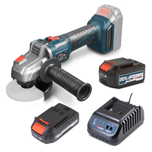 Meuleuse d angle sans fil 20V - 125mm avec moteur brushless livrée avec 1 batterie 2Ah. 1 batterie 4Ah et un chargeur rapide.