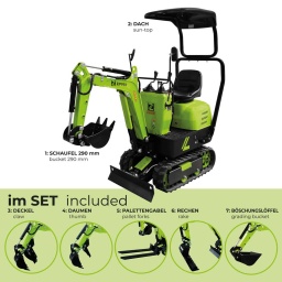 La mini-pelle ZIPPER ZI-MBG600S7 est con&ccedil;ue pour les travaux d'excavation, de terrassement et pour diverses applications en am&eacute;nagement paysager et en construction. Dot&eacute;e d'un moteur &agrave; essence de 6,8 kW, elle est id&eacute;ale pour une multitude de t&acirc;ches autour de la maison, au jardin et sur les chantiers.
Sa conception compacte, avec une largeur d'environ 700 mm, facilite l'acc&egrave;s aux espaces restreints et aux passages &eacute;troits, tandis que ses larges chenilles de 150 mm assurent une excellente stabilit&eacute;. La mini-pelle est livr&eacute;e avec 7 accessoires pour diff&eacute;rentes applications, telles que l'excavation, le nivellement et le transport de mat&eacute;riaux gr&acirc;ce aux fourches &agrave; palettes incluses.Convient aussi bien aux particuliers qu'aux professionnels.

Moteur essence 6,8 kW avec d&eacute;marrage &eacute;lectrique
Vitesse de d&eacute;placement : 1,7 km/h
Force d'arrachement de la fl&egrave;che : 4,75 kN ou force d'arrachement du godet : 8,8 kN
Vitesse de rotation : 9,3 tr/min
Amplitude de rotation de la fl&egrave;che : +/-70&deg;
Chenilles en caoutchouc de 150 mm de large
Largeur des chenilles : 690 mm, id&eacute;ale pour les passages &eacute;troits

&Eacute;quipements inclus: Kit d'accessoires 7 pi&egrave;ces, comprenant :

Godet standard (290 mm)
Pare-soleil
Poign&eacute;e
Housse
R&acirc;teau
Fourches &agrave; palettes
Godet de tranch&eacute;e




Donn&eacute;es sur les moteurs







Puissance moteur S1 W


6800







Cylindr&eacute;e cc


302 9CV







D&eacute;marreur


Elektro/electric







Type de carburant


E95







Capacit&eacute; du r&eacute;servoir L


3,6







dimensions







Dimensions machine mm


2223 x 700 x 1590 (2080)







Niveau puissance sonore- vibreur







Niveau de puissance sonore en dB


93







Poids







Poids brut kg


738







Poids net kg


600







emballage







Largeur emballage mm


730







Longueur emballage mm


2.270







Hauteur emballage mm


1.290







Information g&eacute;n&eacute;rale







Code EAN


9120039236230




