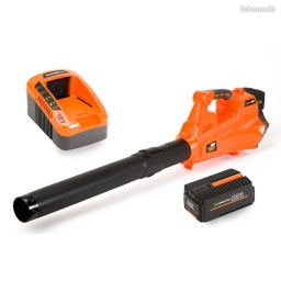 aractéristiques techniques Tension nominale : garantie 2ans hors batterie
40 V Type et poids de la batterie : Timberpro 4 Ah / 1,3 kg Poids (selon procédure EPTA 01/2003) sans batterie : 5,51 lb (2,5 kg) Autonomie de la batterie (en continu ) : 50 minutes Temps de charge de la batterie : 130 minutes Débit d'air : 11 m³ / min Vitesse : 195 km/h Niveau de puissance acoustique (Lwa) : 110 dB(A) Accessoires Souffleur à feuilles électrique 40V. Batterie 4A. Chargeur pour batterie. Manuel d'utilisation (ENG/DE/ FR)