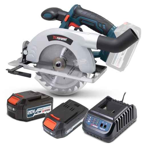Scie circulaire sans fil 20V - 165mm livrée avec 1 batterie 2Ah. 1 batterie 4Ah et un chargeur rapide