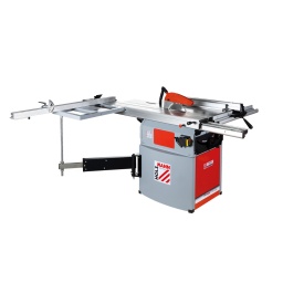 
Machine robuste, précise et de réduites dimensions.
Table de sciage en fonte d’acier avec rallonge droite.
Chariot de sciage ras de lame en aluminium avec coulissement sur billes acier, dimensions:1650x250 mm
Lame ajustable en hauteur et inclinable jusqu’à 45° à droite. Réglage par deux volants indépendantes.
Butée de délignage pour débiter les bois ou des panneaux.
Table du chariot de grandes dimensions (600x410mm) avec règle télescopique (1230/2275mm) et butée.
Capacité de coupe de lame à guide : 620mm
Dimension rallonge sortie : 210x400mm
Guide de refente en aluminium inclinable (-45º/+45º)
Avec réglage micro métrique, et poignées de serrage moletées.
Garantie 2ans
Livrée avec:Lame T.C.T. (Tungsten-Carbide-Tipped) Ø 254 x 30 x 3mm, 36 dents, chariot alu, guide de refente de précision.




Données sur les moteurs







Puissance moteur S6 W


2900







Puissance moteur S1 W


2100







Voltage


400V / 50Hz







dimensions







Dimensions table mm


800 x 350







Hauteur table mm


900







Buse d´aspiration


Ø100 (Ø30)







Chariot aluminium mm


1650 x 250







Dim. table coulissante mm


595 x 460







Dimensions rallonge


405 x 210







Rallonge lateral mm


800 x 320







Dimensions machine mm


2180(-3225) x 2930 x 1150







capacité de coupe







Profondeur de coupe maxi 90° mm


80







Capacité coupe maxi mm


1250







Profondeur de coupe maxi 45°mm


50







Capacité coupe lame a guide


640







Scie circulaire







Ø Lame / alésage mm


254 (/30)







Vitesse de la lame de scie en min-1


4000







Niveau puissance sonore- vibreur







Niveau de puissance sonore en dB


95,7







Niveau de pression acoustique en dB


86,5







Poids







Poids net kg


192







Poids brut kg


233







emballage







Hauteur emballage mm


1.035







Largeur emballage mm


760







Longueur emballage mm


970







Information générale







Code EAN


9120039901121




